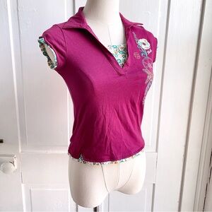 Y2K Mudd Girls Faux Layered Short Sleeve Collared Top with Floral Embroidery NWT